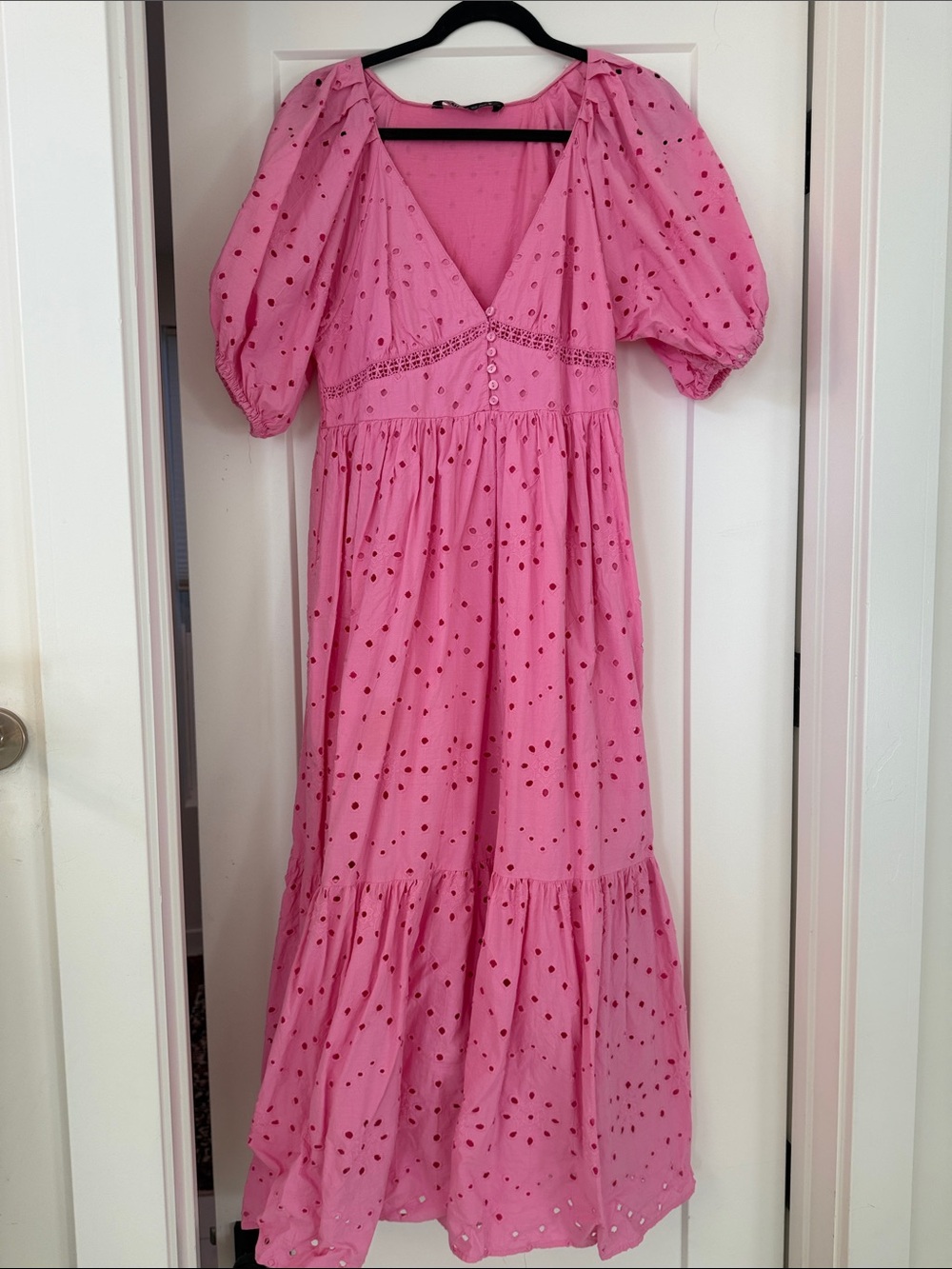 Pink Eyelet Puff Sleeve Maxi Dress